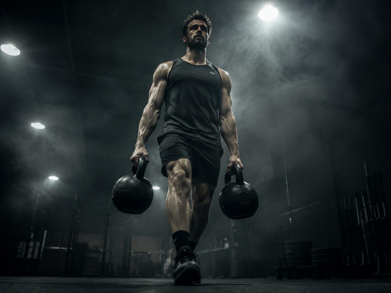Athlete carrying heavy kettlebells through a dark gym