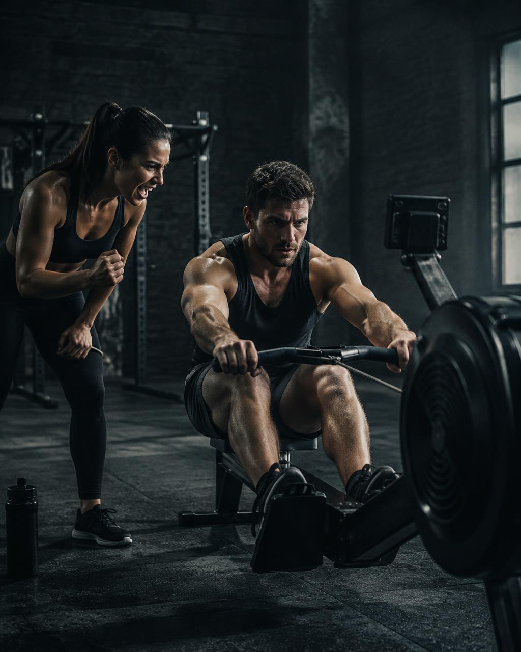 Two athletes racing together on the rowing machine